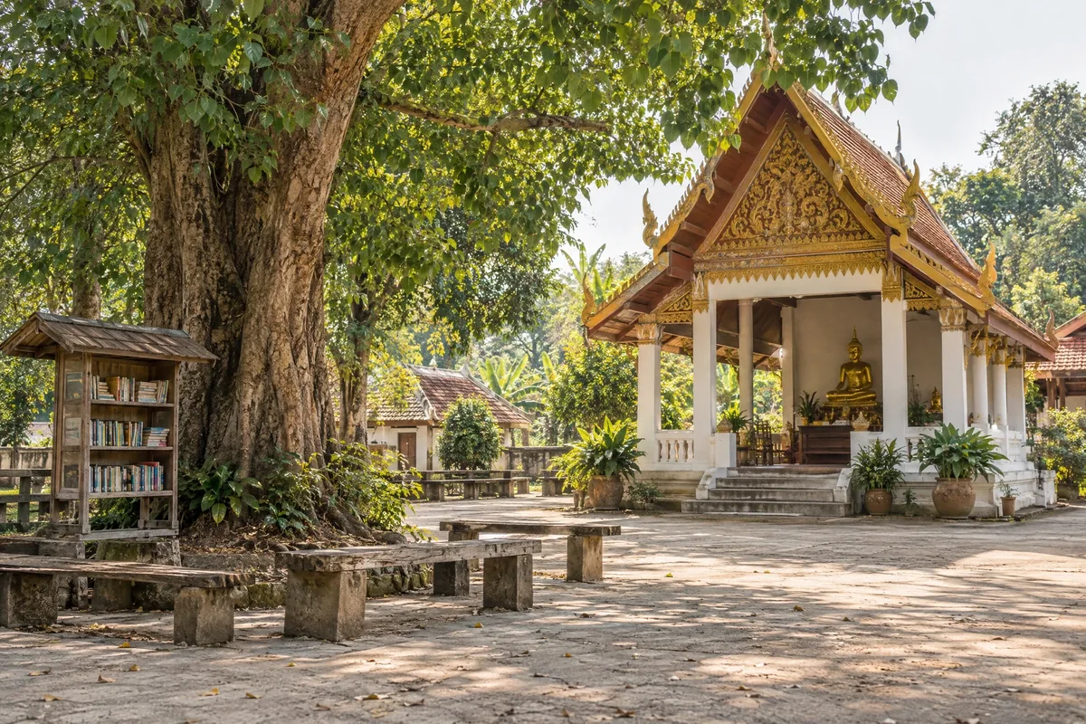 ศาลาวัดชนบทและมุมหนังสือใต้ร่มไม้ ภาพประกอบ